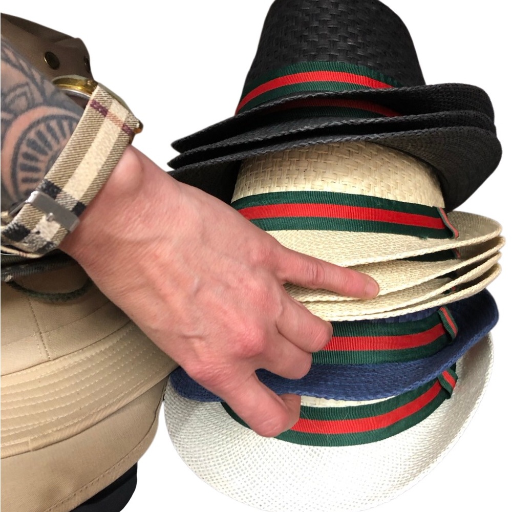 Stylish Black and Cream Fedoras with Red and Green Stripes
